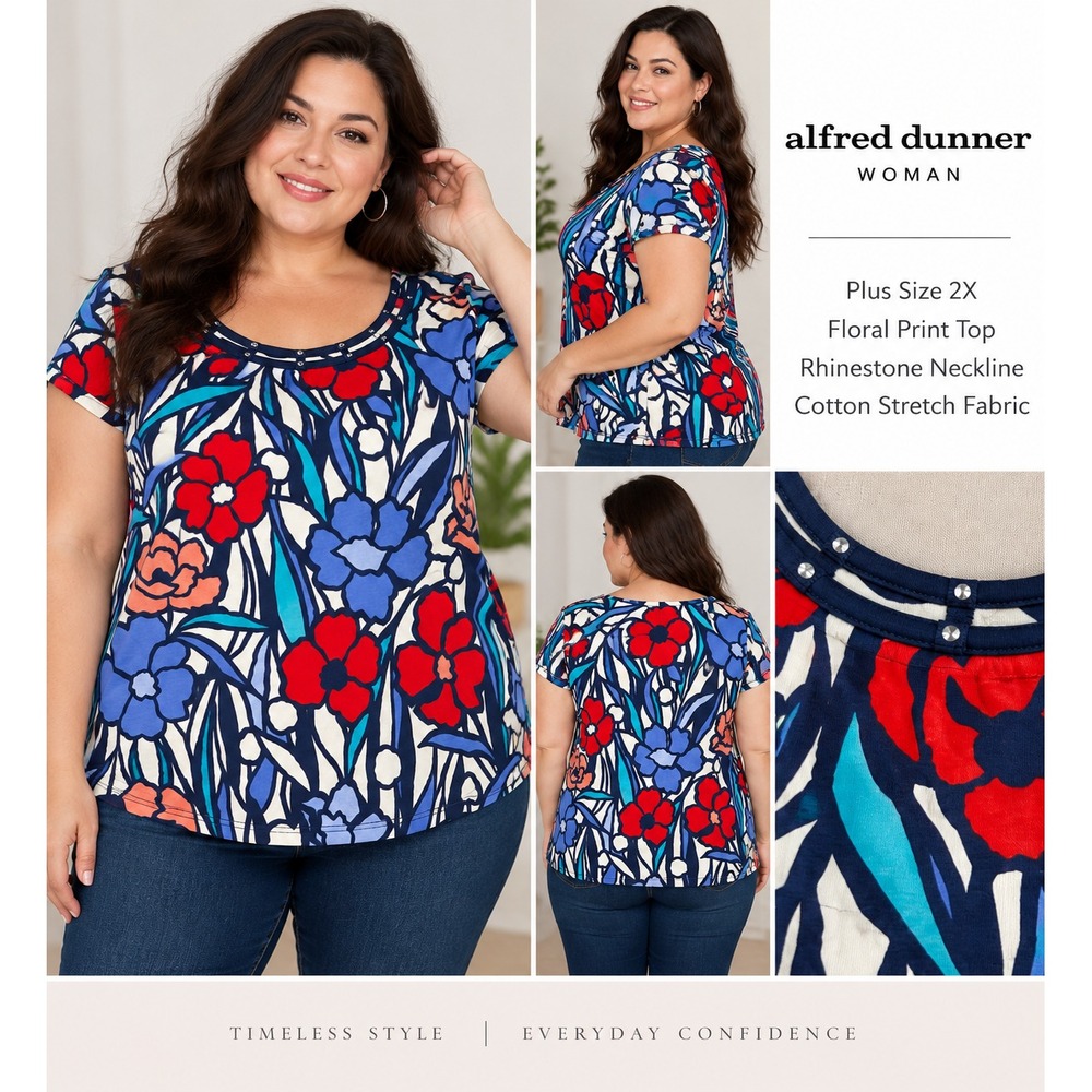 Alfred Dunner Woman 2X Blue Red Floral Rhinestone Strappy Neck Top Short Sleeve